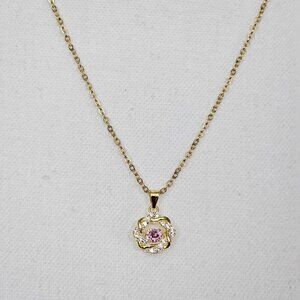 Simulated Pink Diamond Gold Tone New 14K Over Sterling Silver Pendant Necklace